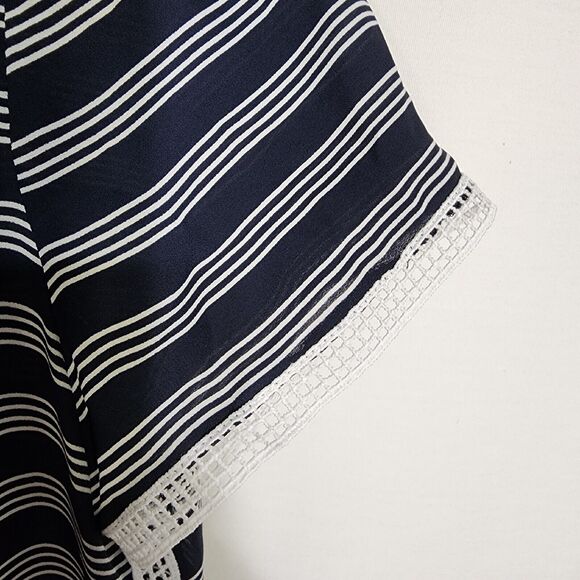 Ann Taylor LOFT Womens Top Medium Sheer White Navy Stripe Lace Trim Short Sleeve - Picture 5 of 10